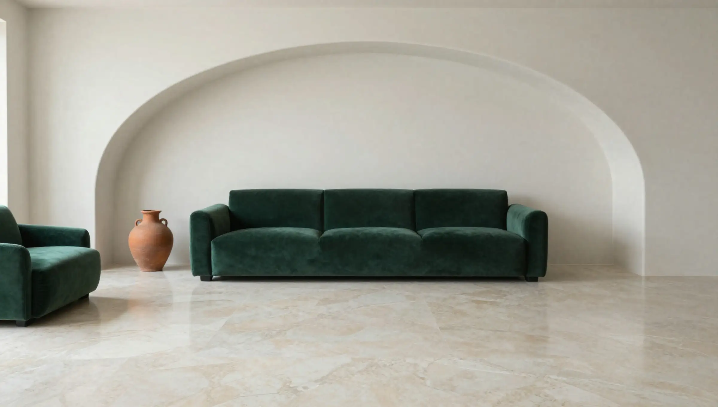 Ilustración: sala amplia con piso de mármol intacto y sillones verdes.