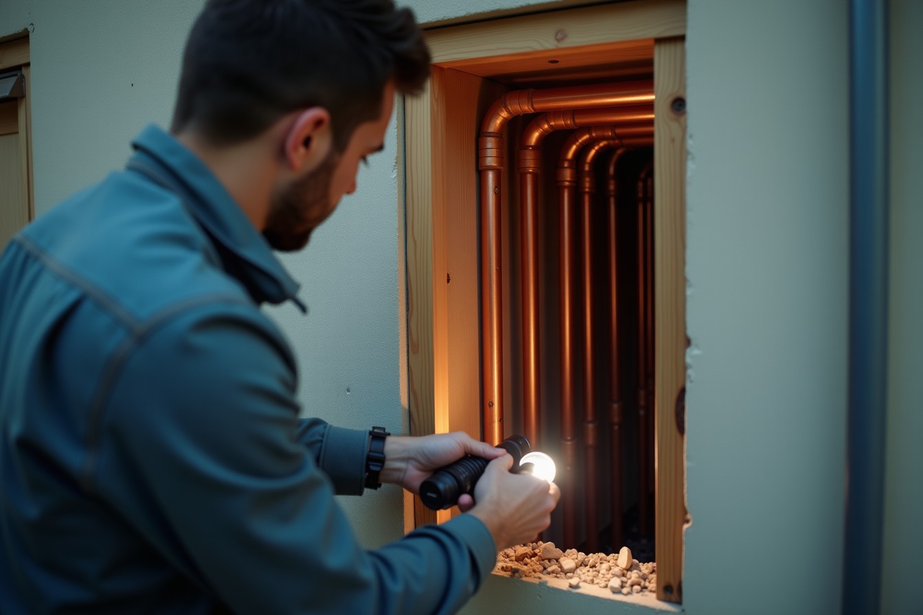 Técnico abriendo un registro de servicio en un edificio, iluminando con su linterna las tuberías de cobre verticales.