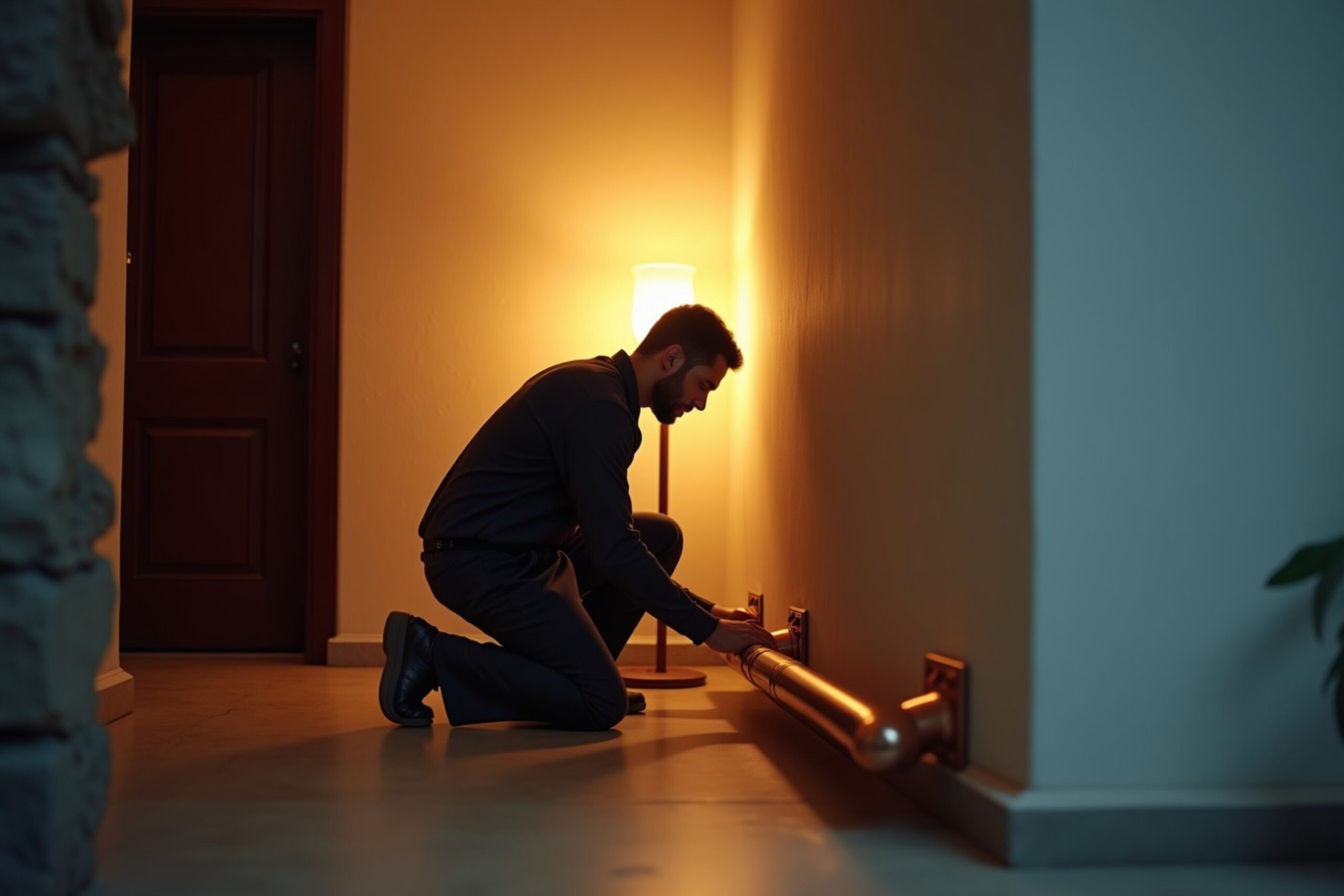 Técnico trabajando junto a un acceso puntual abierto en un muro interior, con la tubería de cobre iluminada por una lámpara de trabajo y el piso limpio.