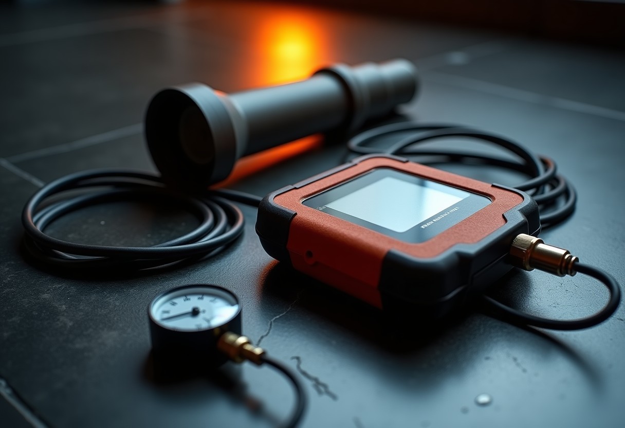 Geófono, correlador acústico y manómetro sobre una superficie oscura.