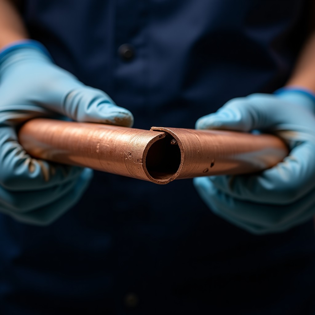 Tubería de cobre con una reparación limpia, sostenida con guantes.