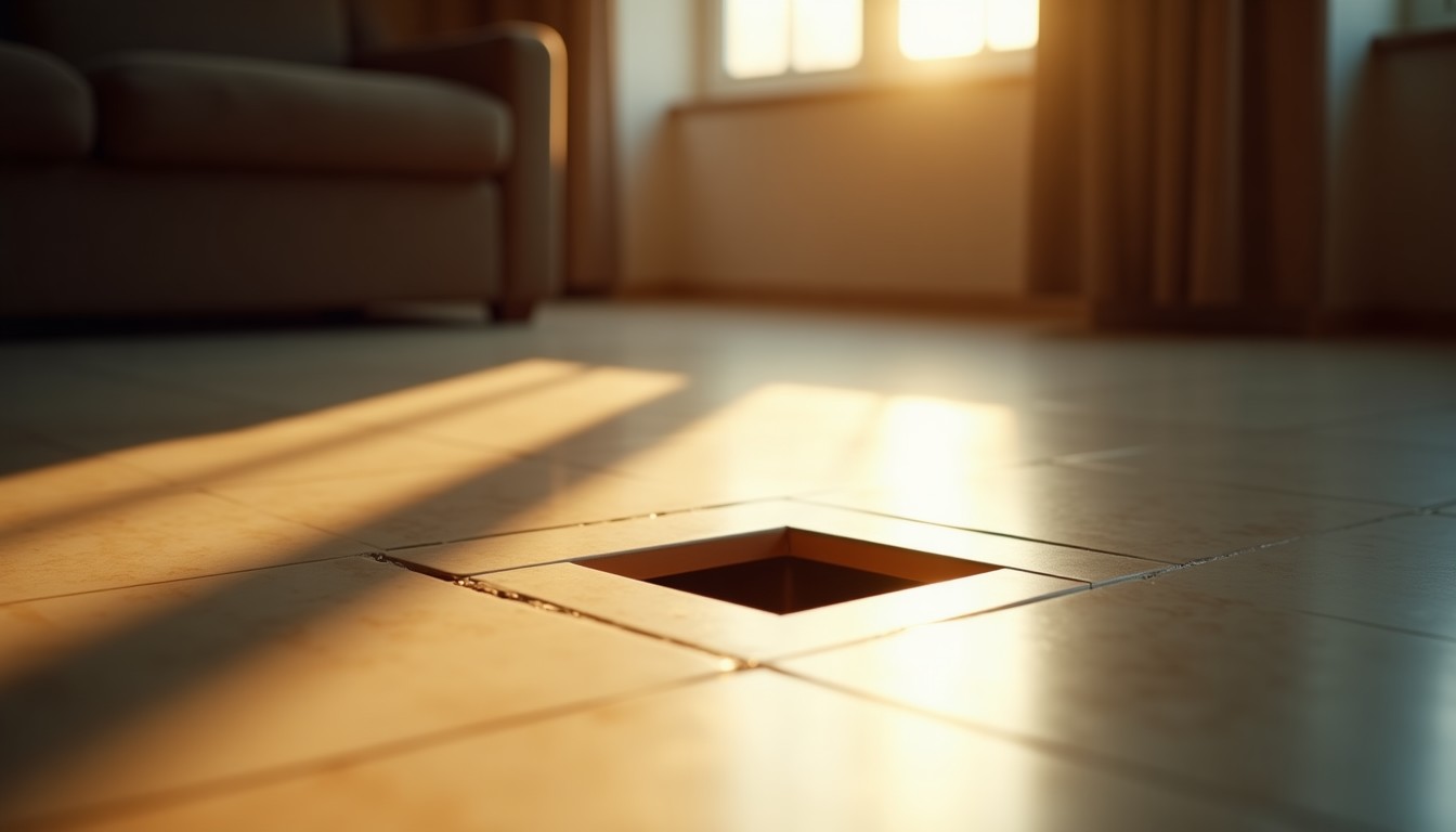 Una sola loseta retirada de un piso impecable, con la tubería de cobre reparada debajo.