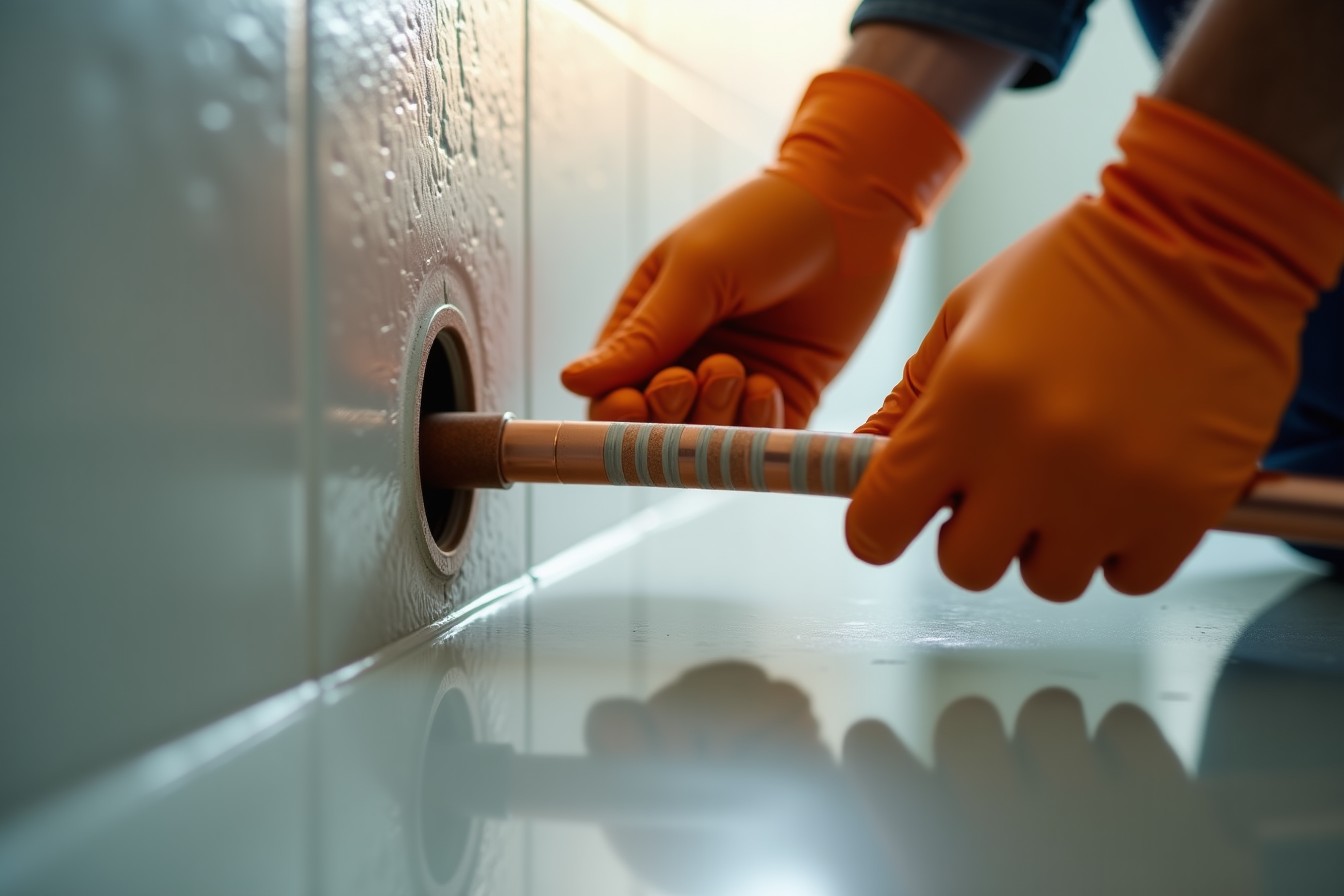 Manos con guantes introduciendo una manguera de recubrimiento por un acceso puntual