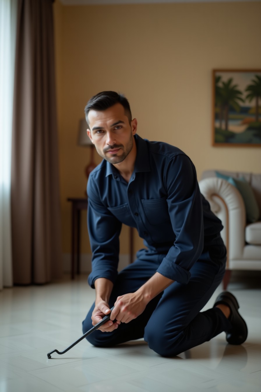 Técnico arrodillado sobre un piso pulido impecable en el interior de una residencia